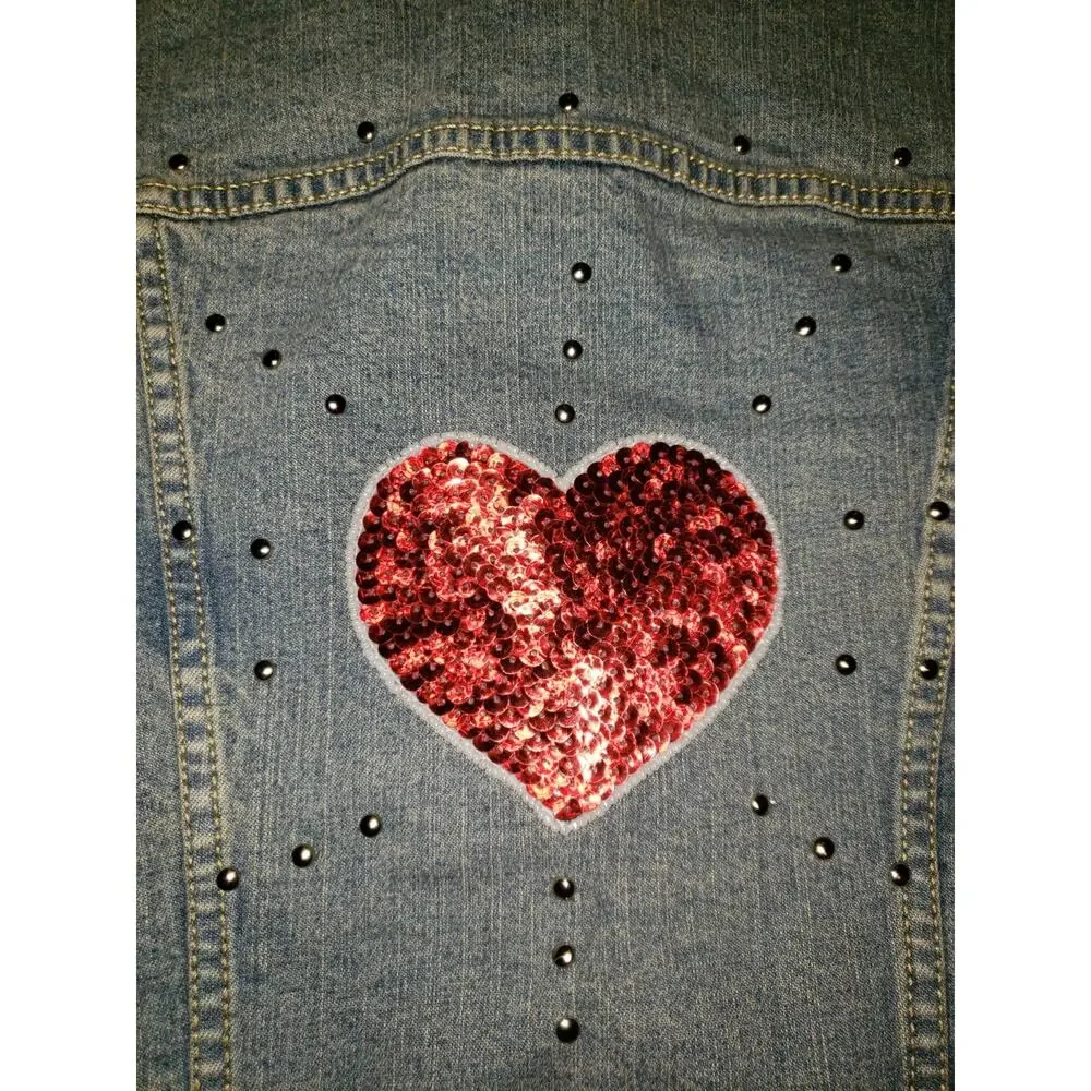 Vintage Levi Strauss Girl's LG Denim Sequin Red Heart Studded Jean Jacket